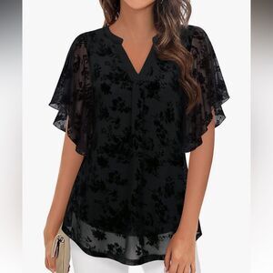 Timeson black velvet burnout flutter top women’s XL floral flutter sleeves